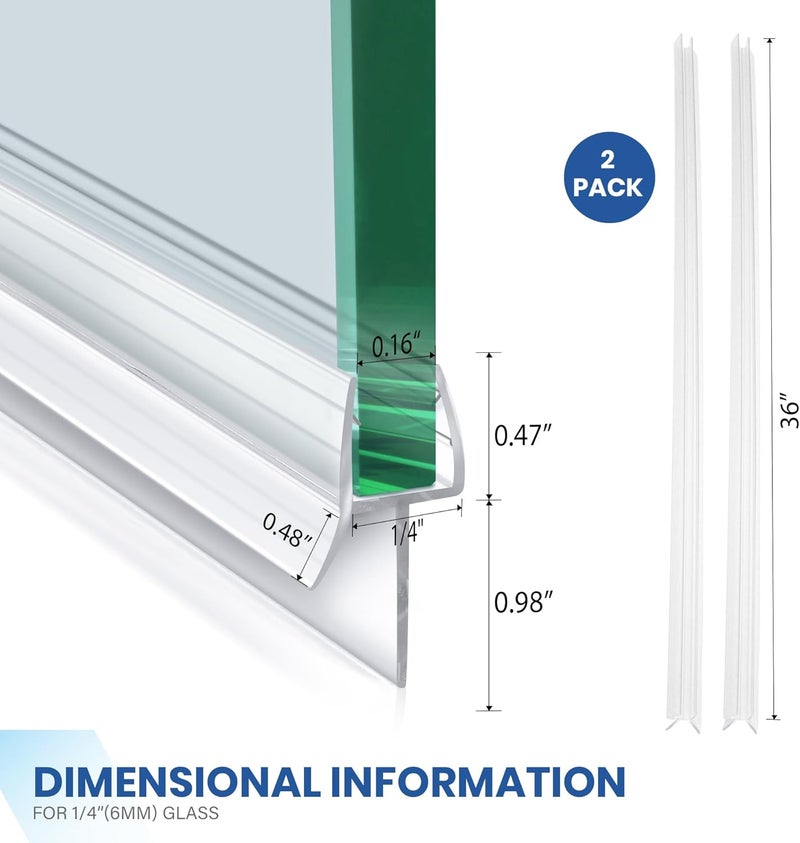 PHMUNY 2 Pack Frameless Shower Door Bottom Seal with Long Sweep, Ultra Clear Glass Door Silicone Seal Strip (1/4'' X 36'') Suitable for 6mm Glass -Stop Shower Leaks Frameless Shower Door Seal Strip - Image 2